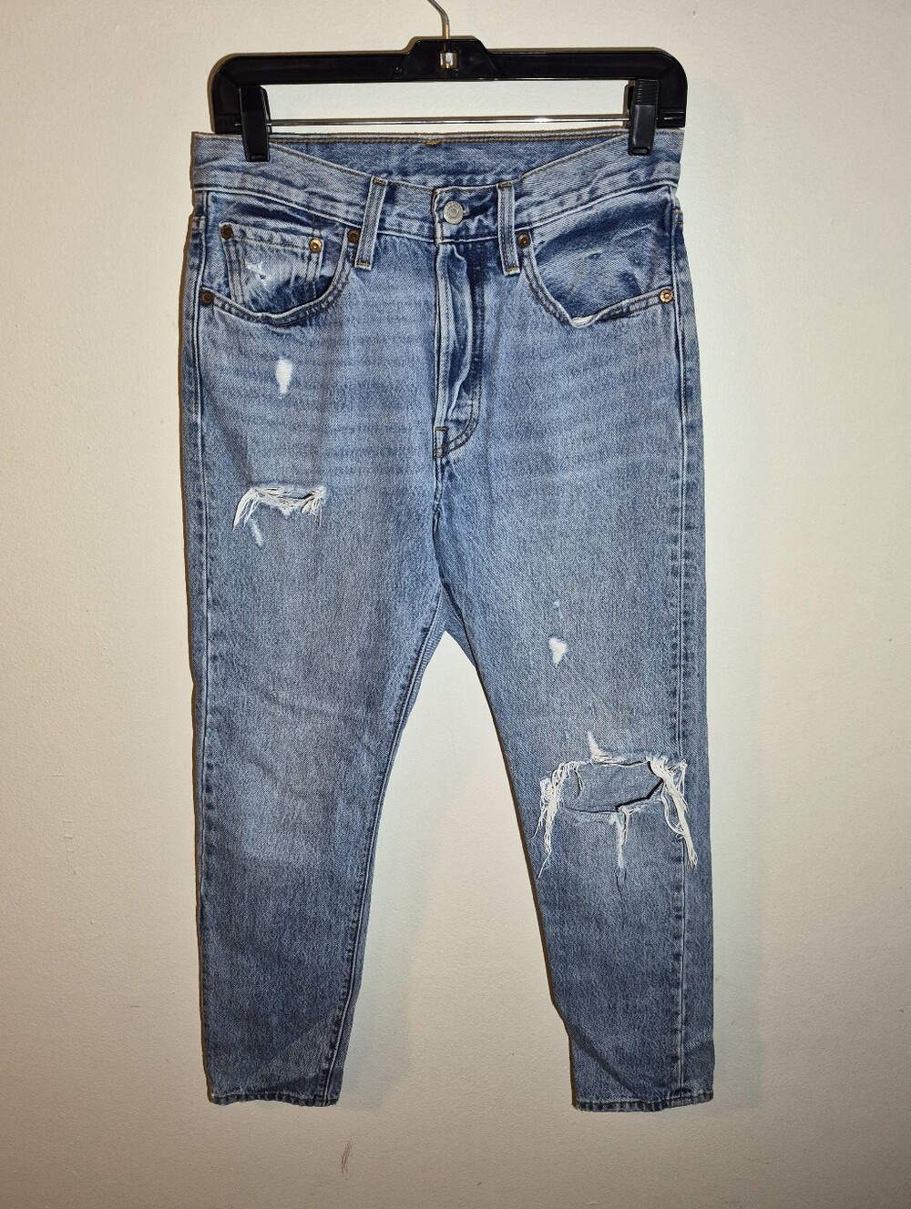 27) Levi's 501 Skinny High Rise Light Wash Distressed Button Fly Jeans